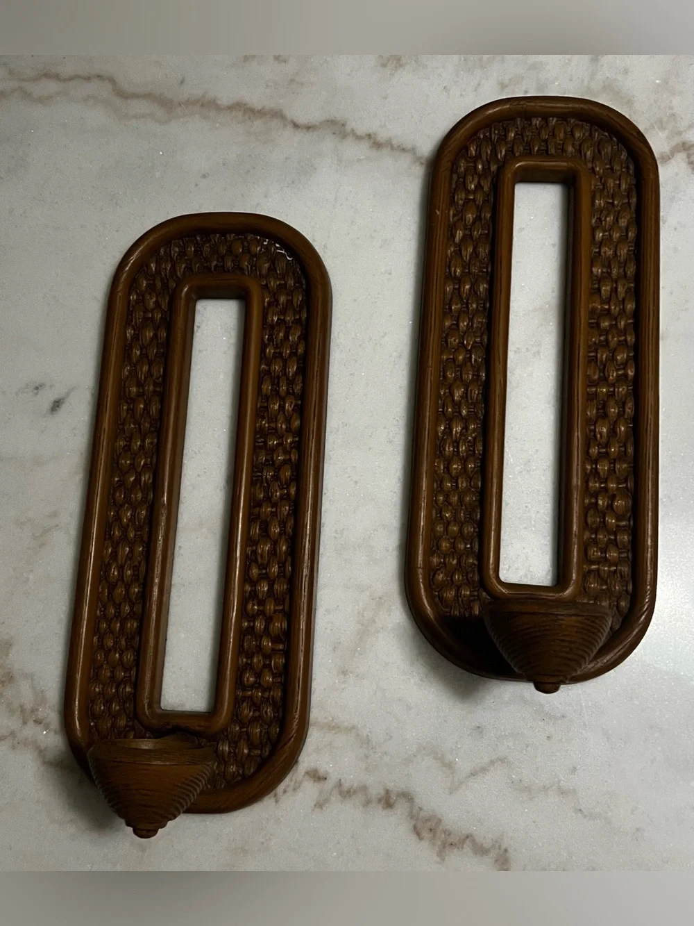 Vintage 1970’s MCM Syroco Faux Rattan Brown Plastic Wall Sconces Set Of Two